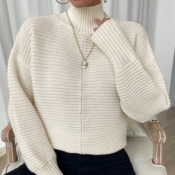 Apricot Casual Womens High Neck Drop Shoulder Split Hem Sweater - Picture 3 of 5